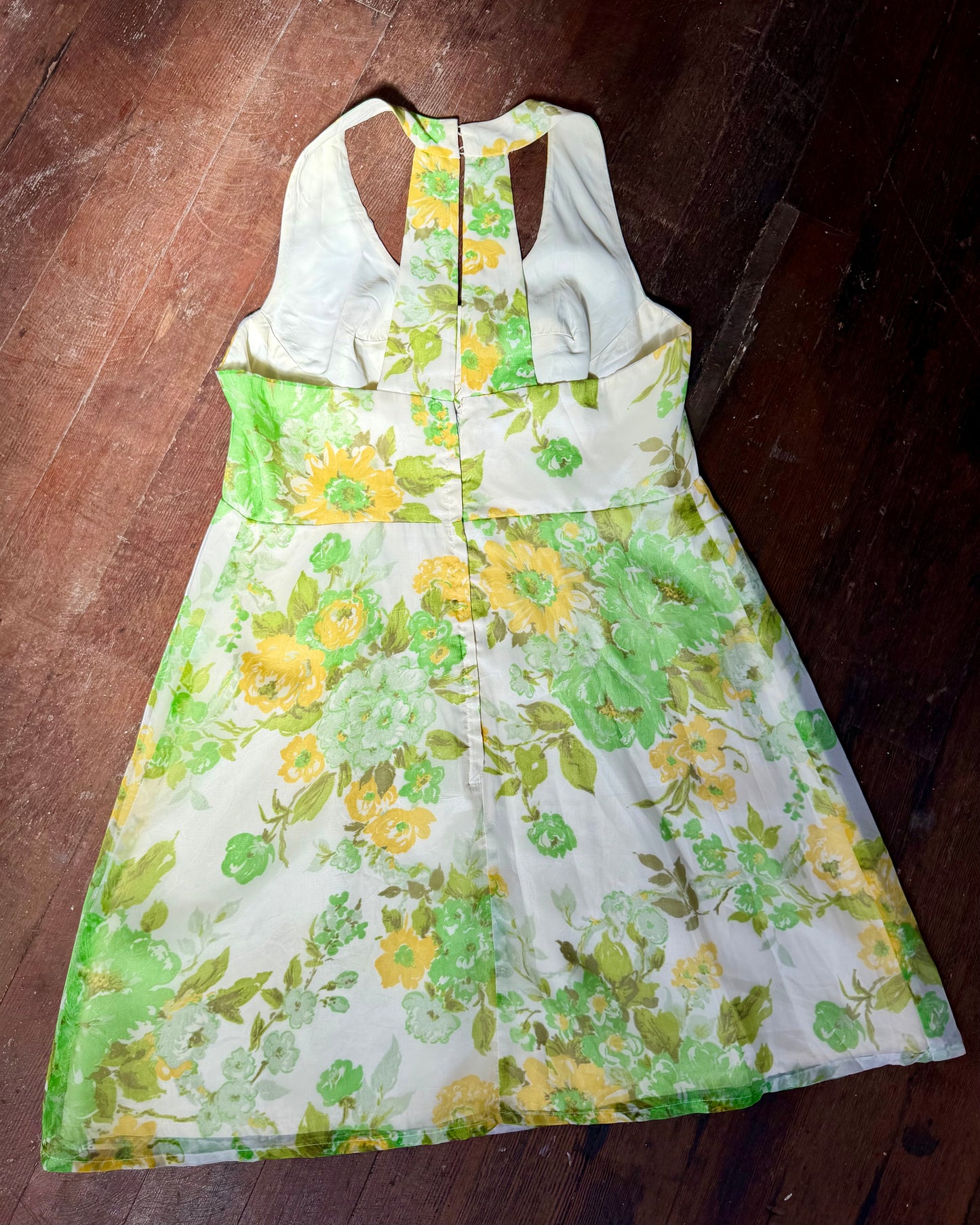 60s Floral Chiffon Open Back Mini Dress [L]