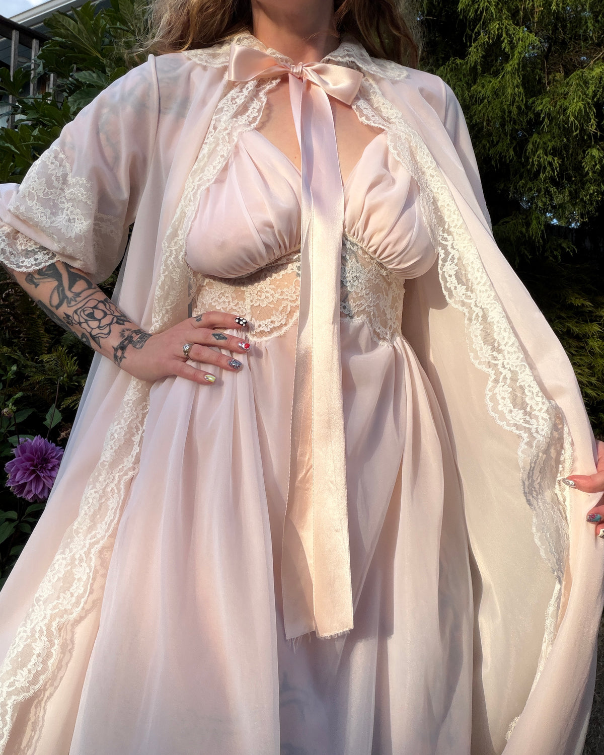 60s Lady Leonora Pink Lace Peignoir Set [S/M]