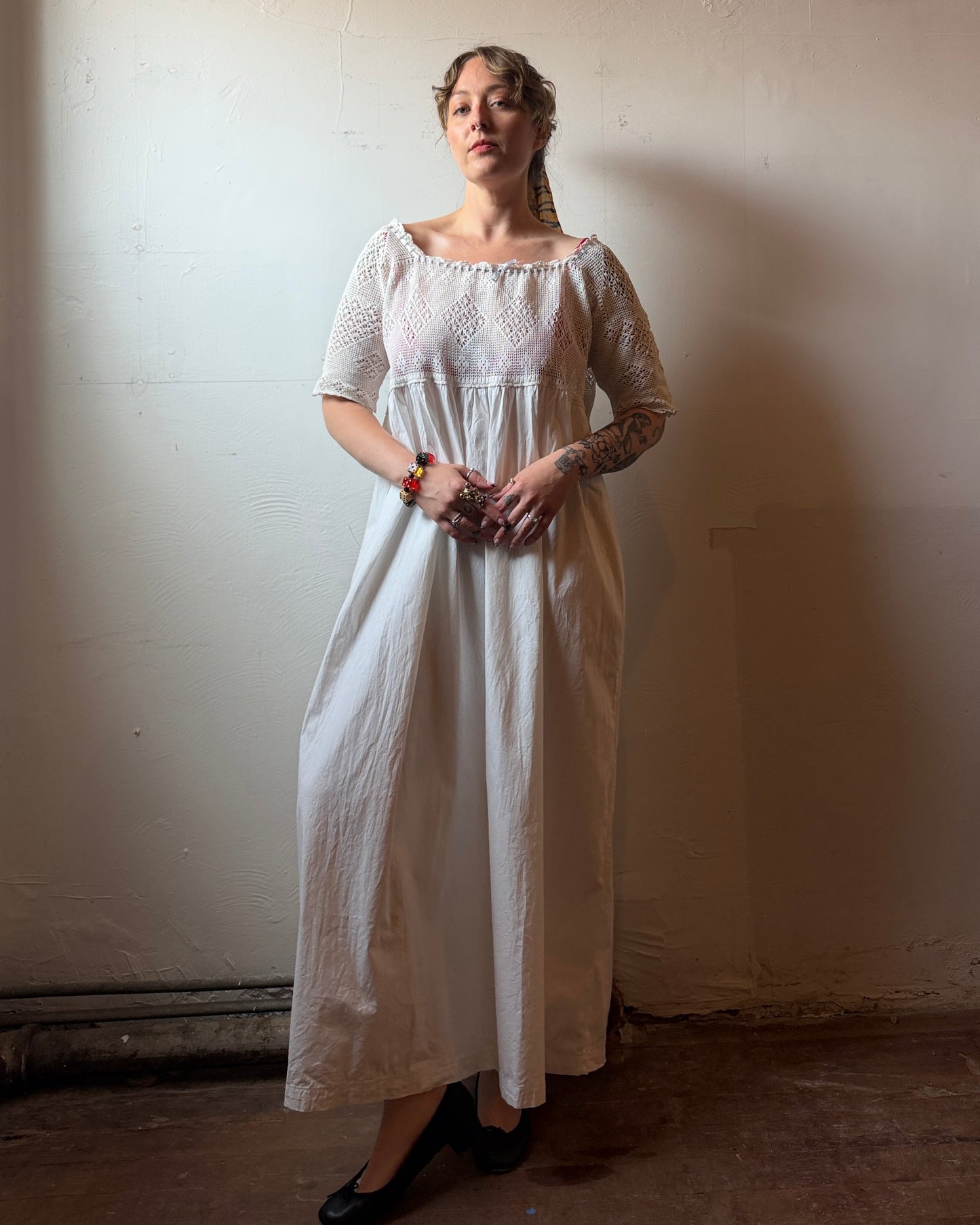 Edwardian Filet Crochet Cotton Dress [L]