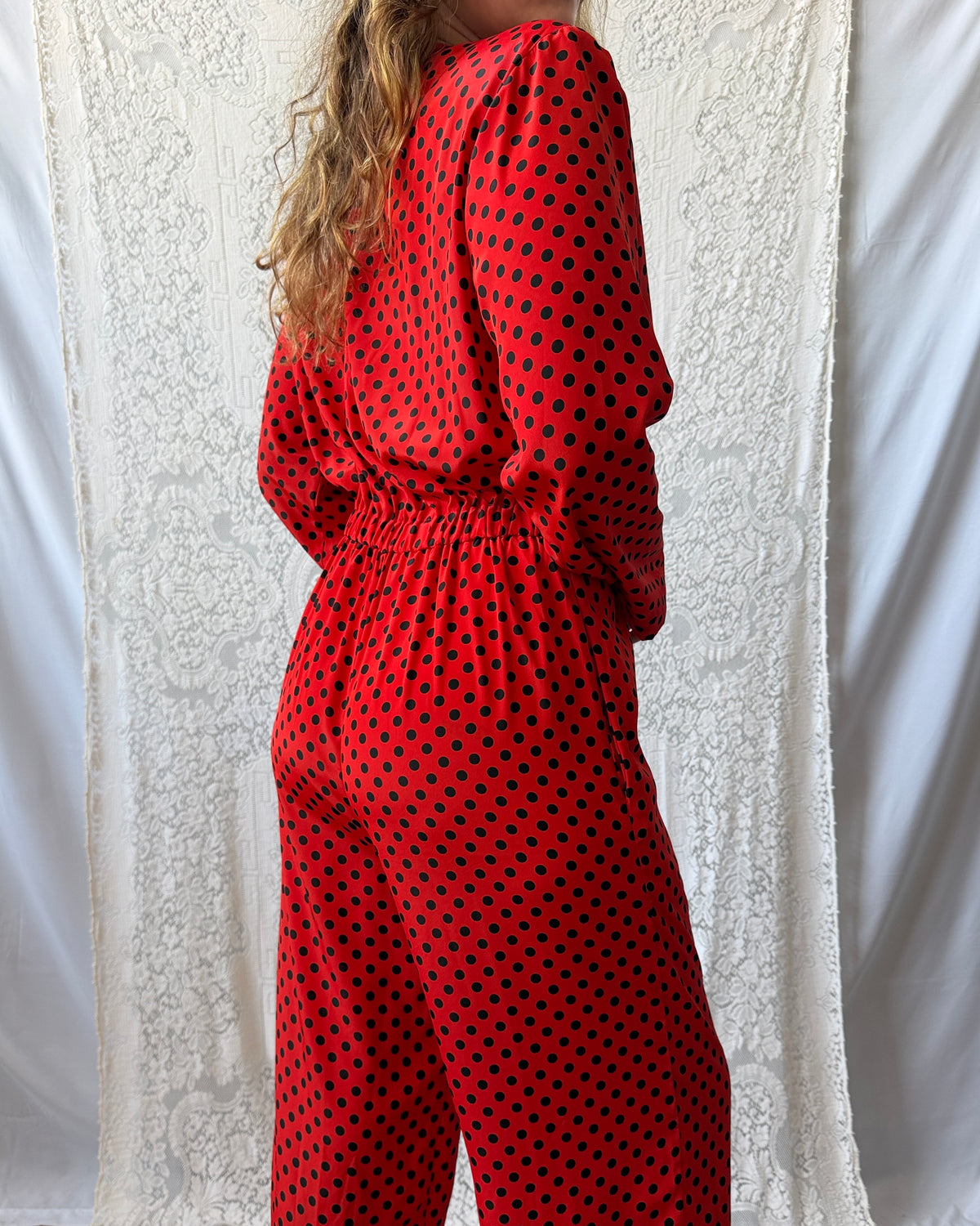 80s Black + Red Polka Dot Jumpsuit [M]