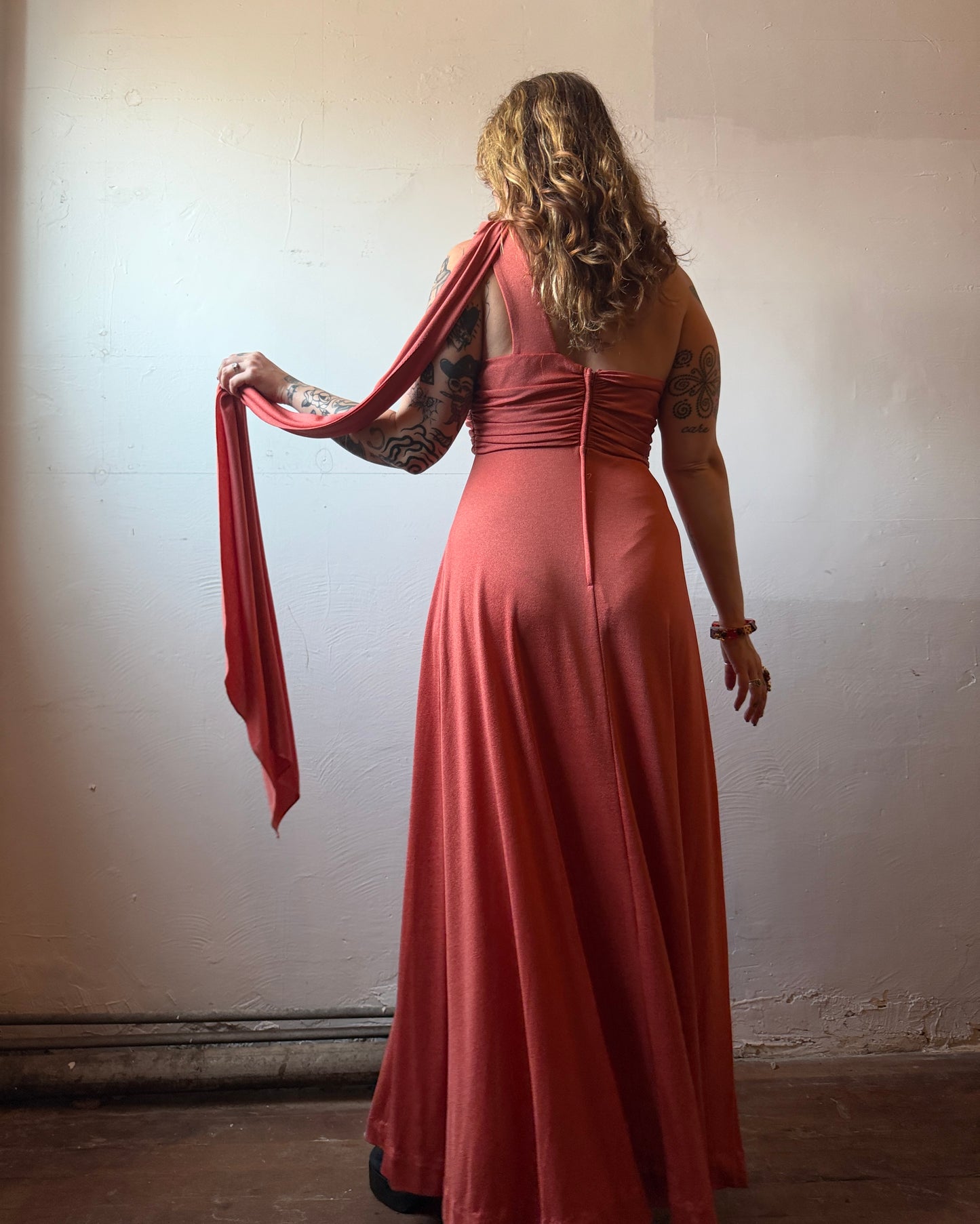70s Donald Brooks Jersey Scarf One Shoulder Disco Gown [M/L]