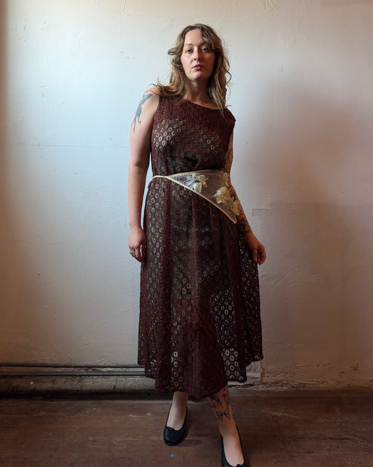 70s Brown Openwork Sheer Lace Maxi Dress [L]