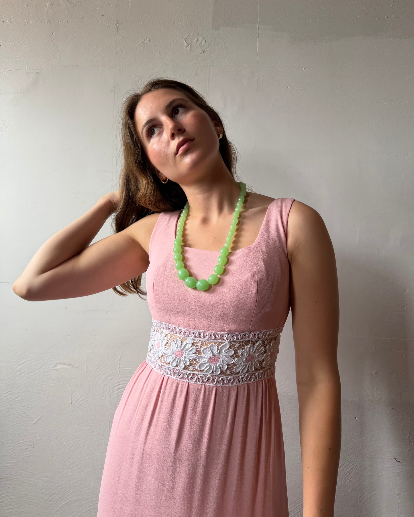 80s does 60s Pink Crepe Floral Cutout Maxi Dress [XS/S]