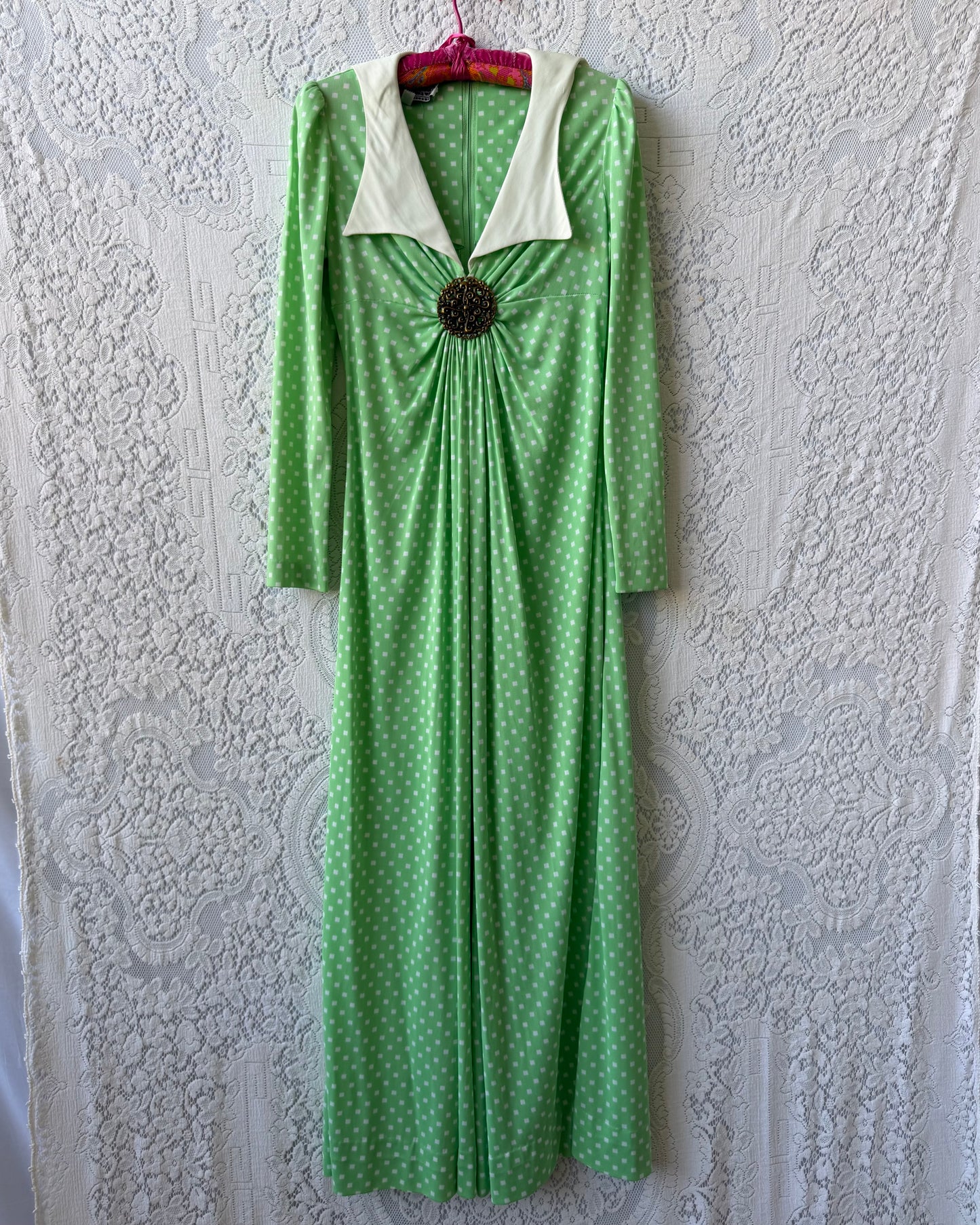 70s Corky Craig Green Dotted Maxi Dress [S/M]