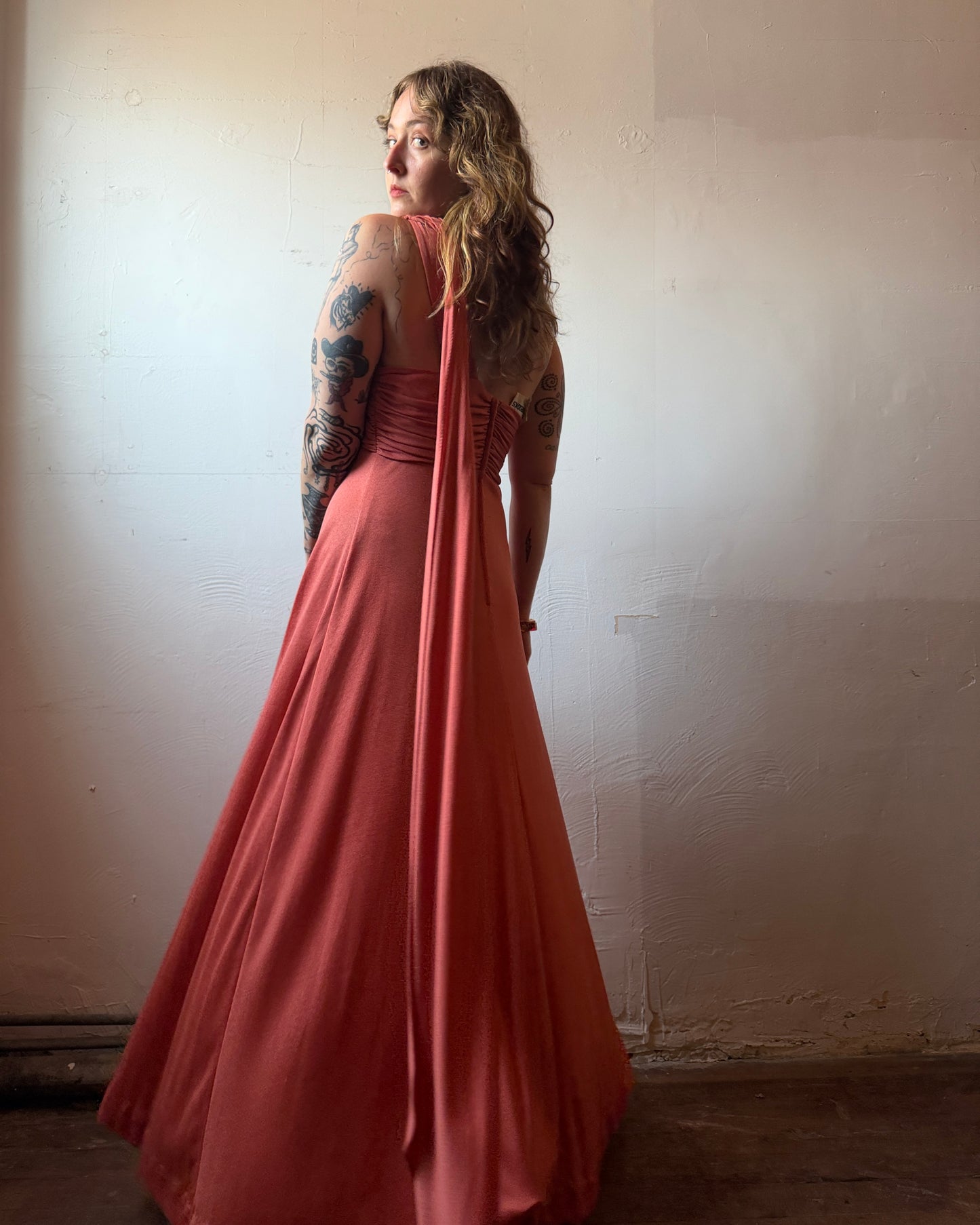 70s Donald Brooks Jersey Scarf One Shoulder Disco Gown [M/L]