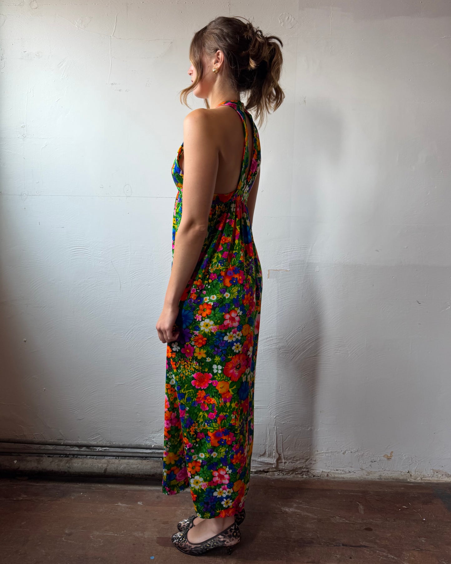 70s Dayglo Barkcloth Backless Maxi Dress [XS/S]
