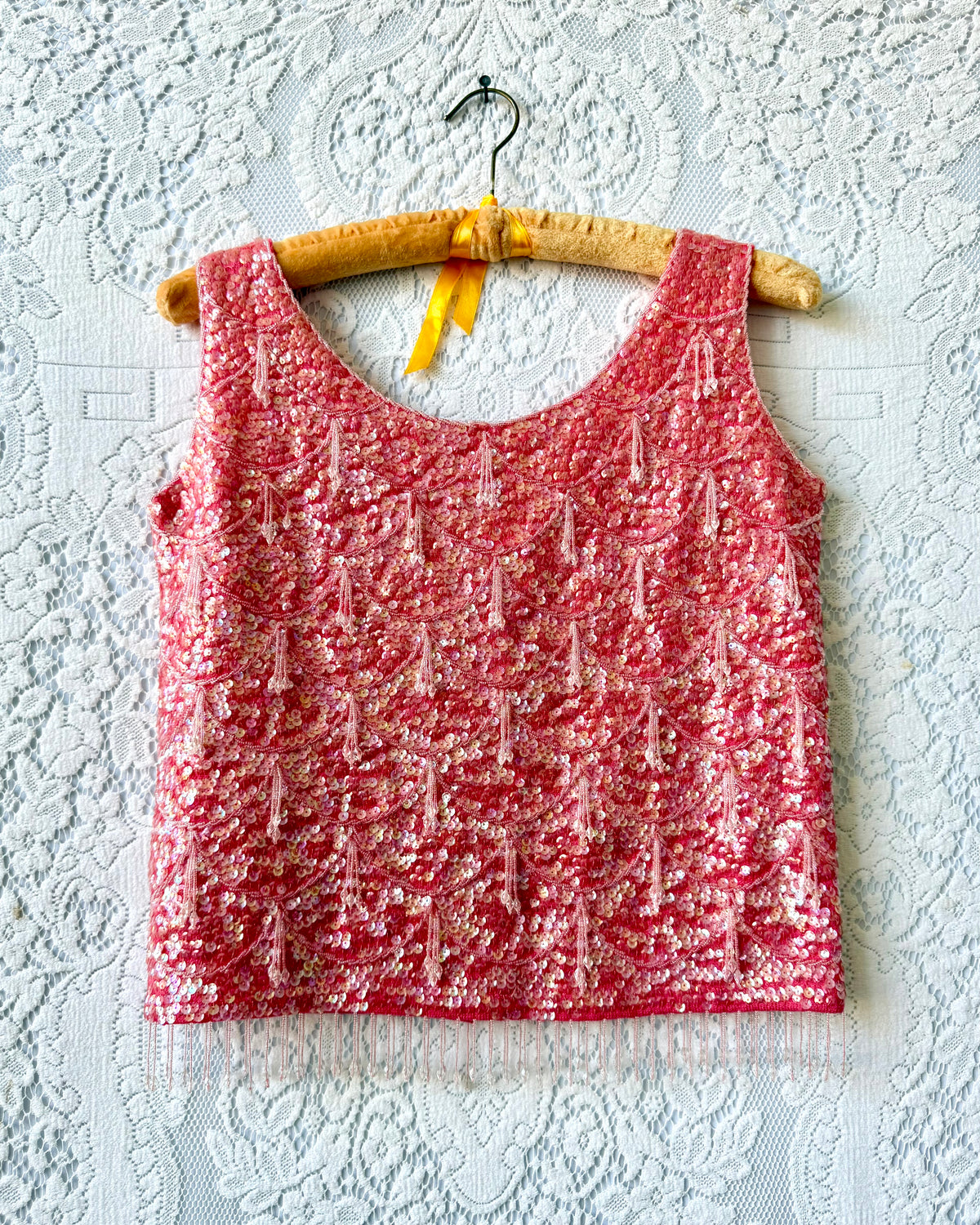 60s Coral Beaded Fringe Sequin Top [M]