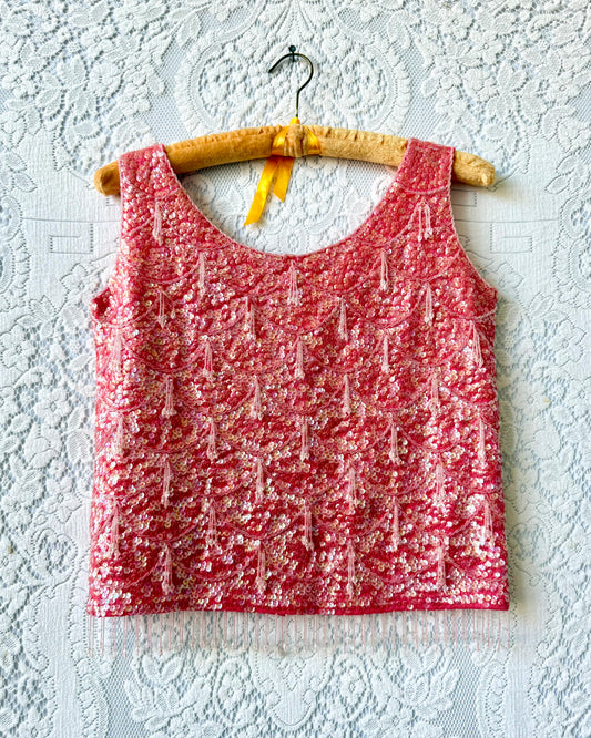 60s Coral Beaded Fringe Sequin Top [M]