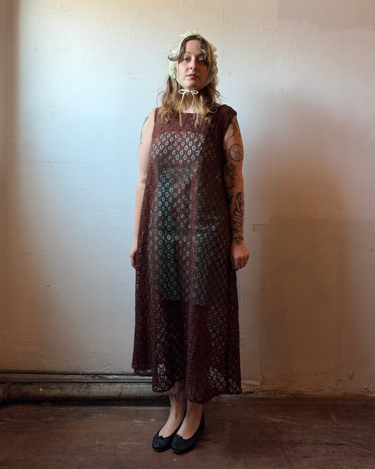 70s Brown Openwork Sheer Lace Maxi Dress [L]