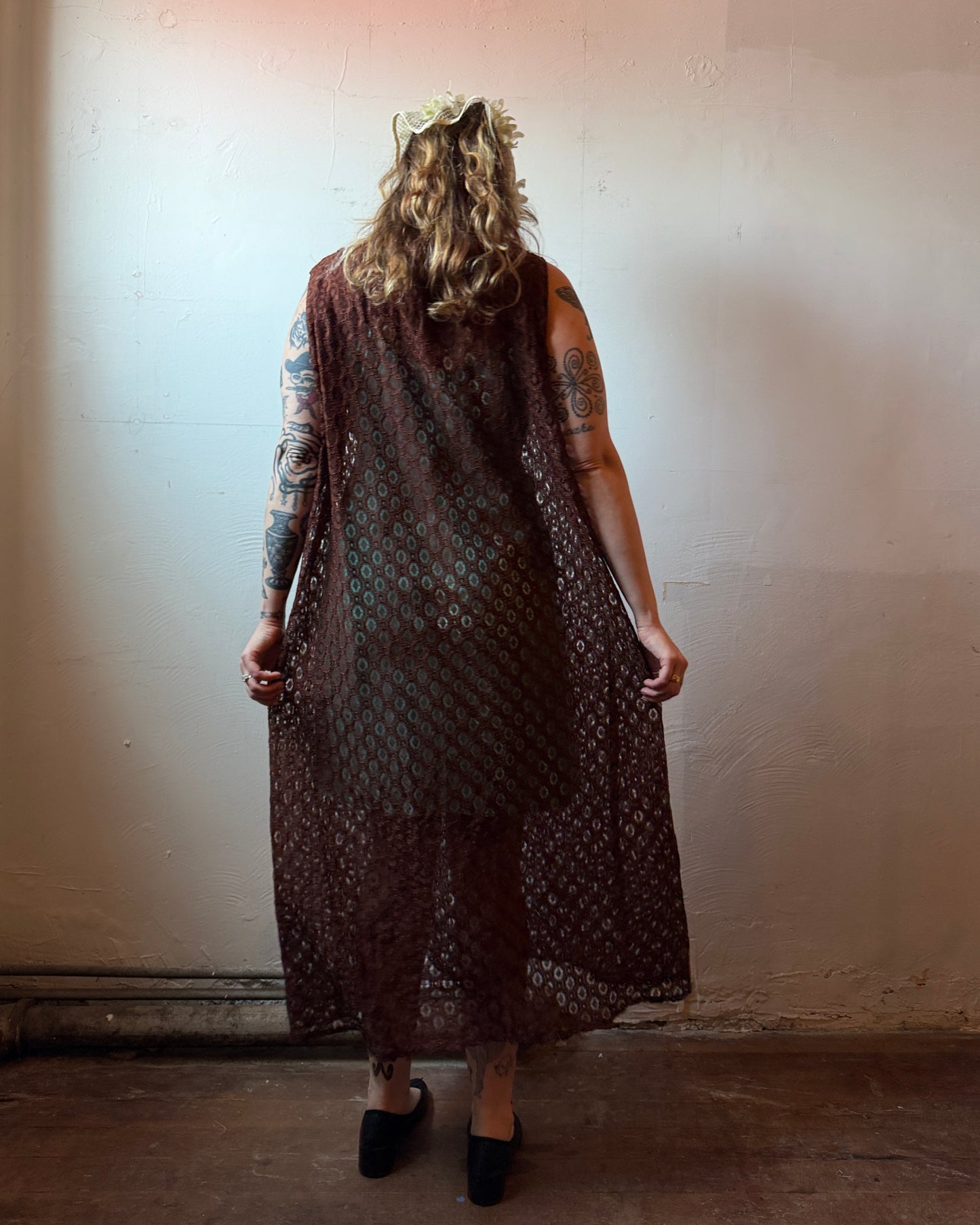 70s Brown Openwork Sheer Lace Maxi Dress [L]