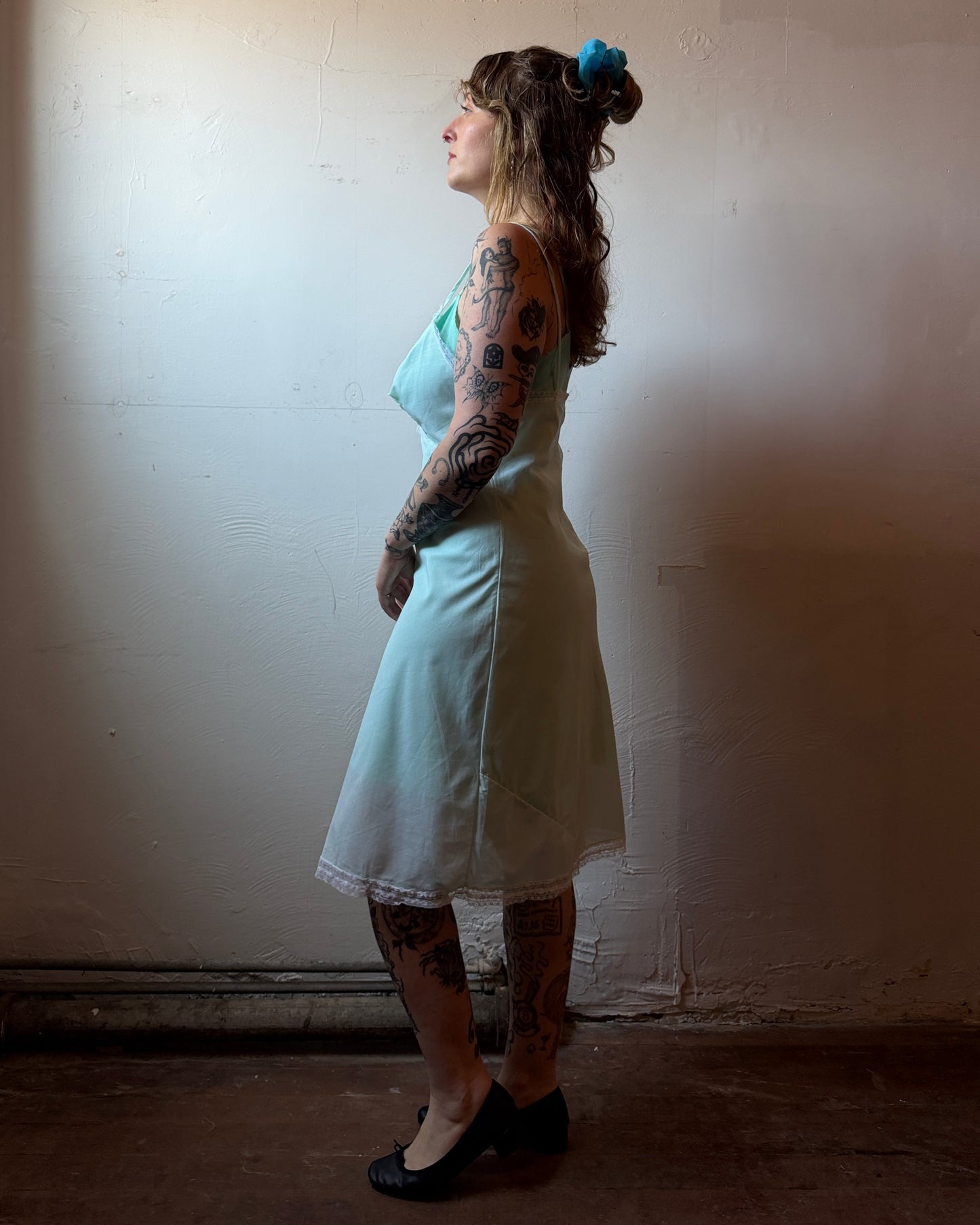 60s Mint Embroidered Slip Dress [M/L]