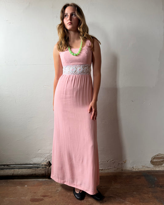 80s does 60s Pink Crepe Floral Cutout Maxi Dress [XS/S]