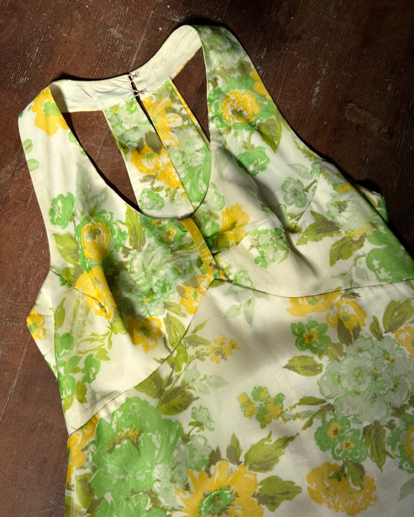 60s Floral Chiffon Open Back Mini Dress [L]