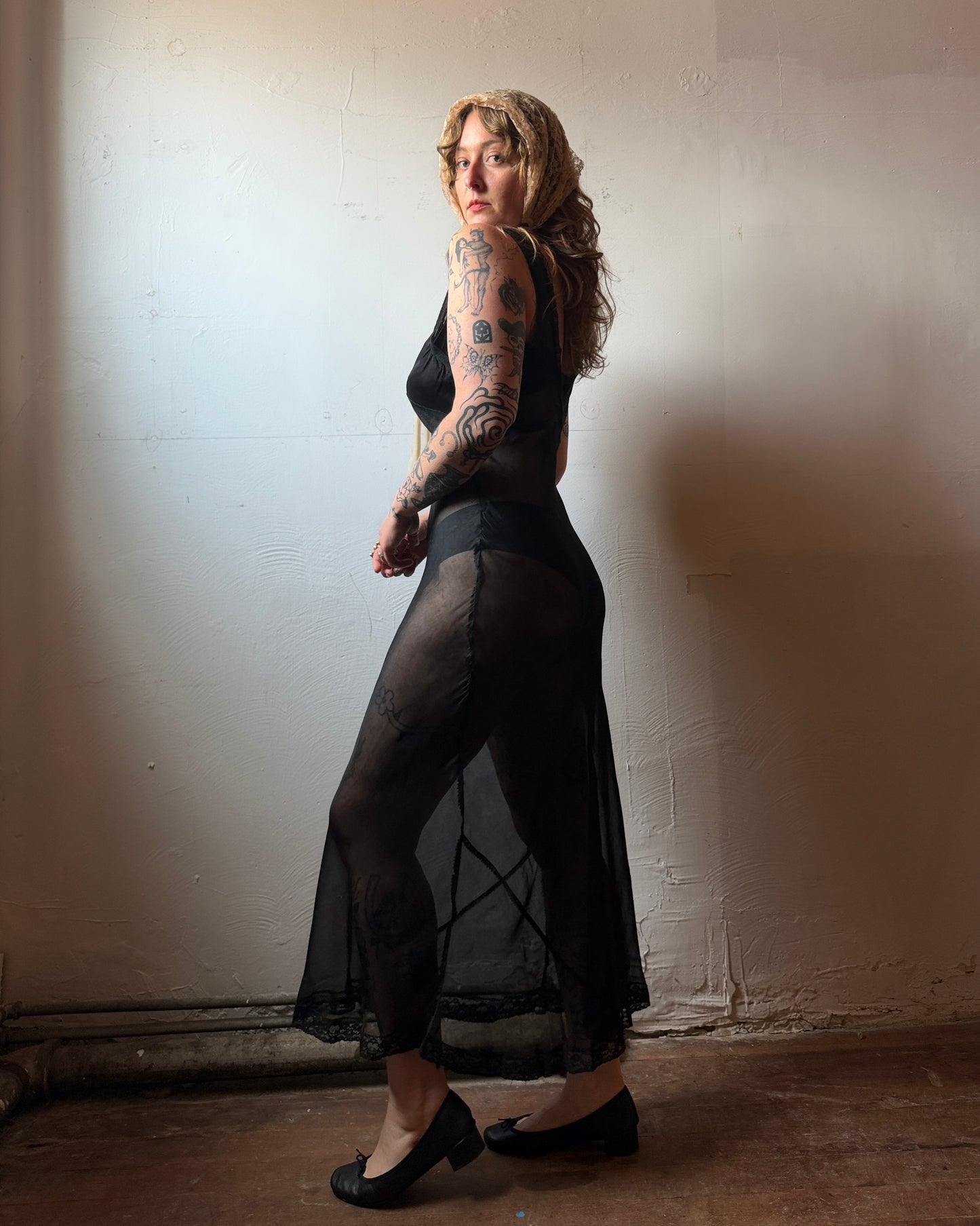40s Dotted Black Sheer Chiffon Lace Slip Dress [XS-M]