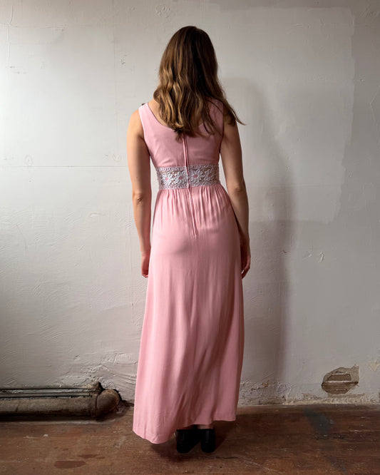 80s does 60s Pink Crepe Floral Cutout Maxi Dress [XS/S]
