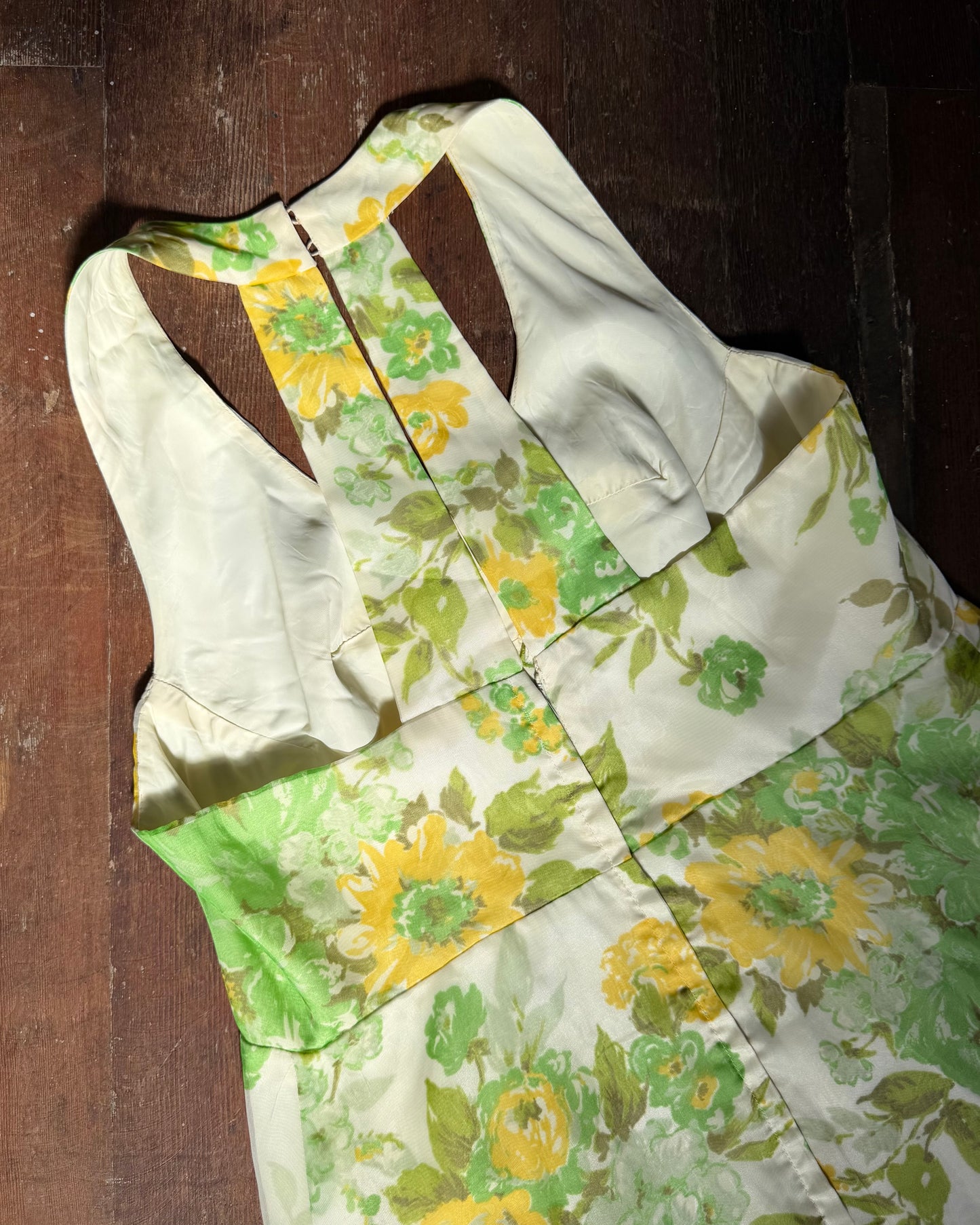 60s Floral Chiffon Open Back Mini Dress [L]