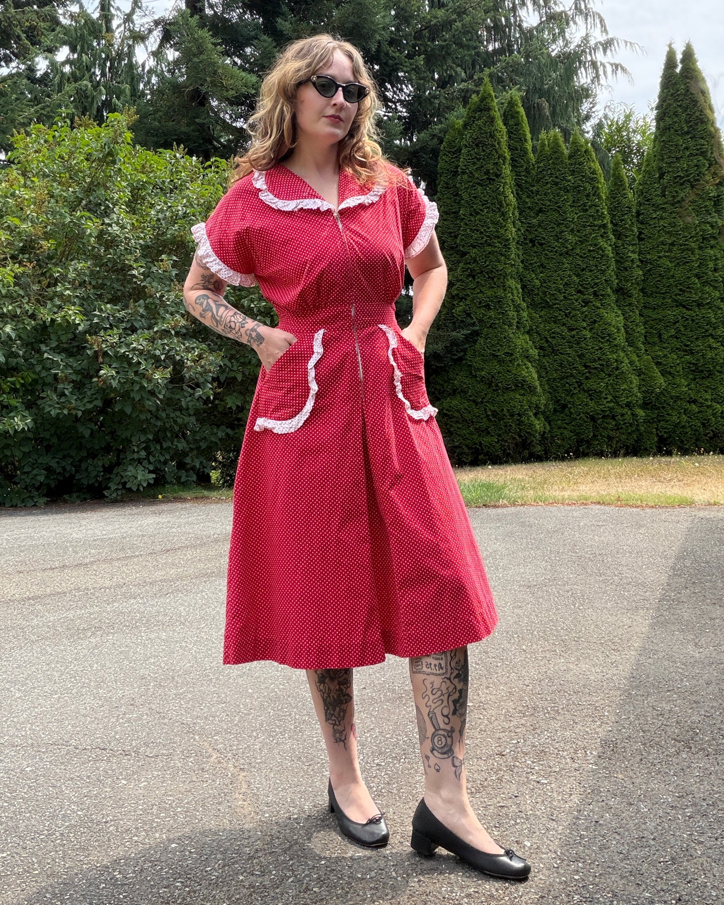 40s Red Polka Dot Cotton Dress [M/L]