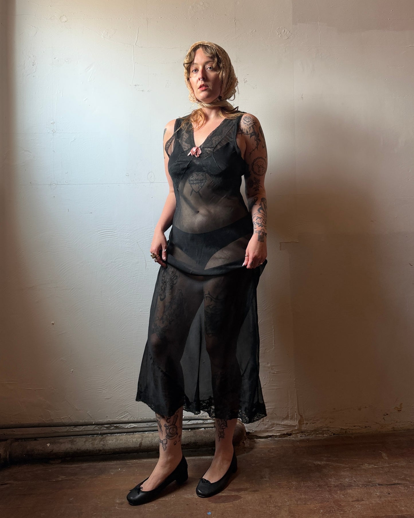 40s Dotted Black Sheer Chiffon Lace Slip Dress [XS-M]