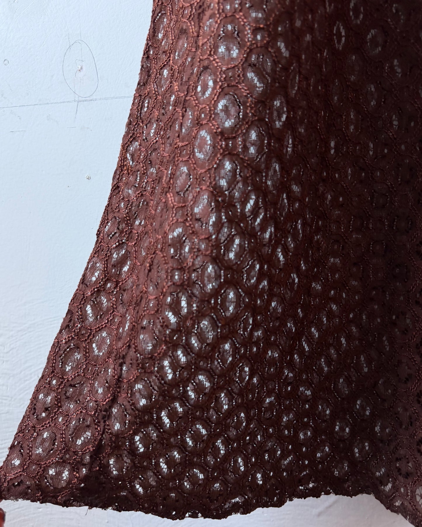 70s Brown Openwork Sheer Lace Maxi Dress [L]