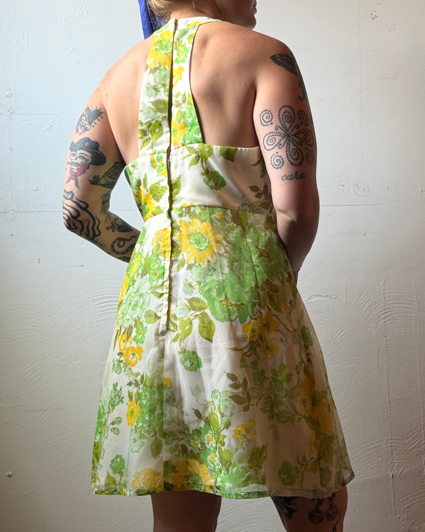 60s Floral Chiffon Open Back Mini Dress [L]