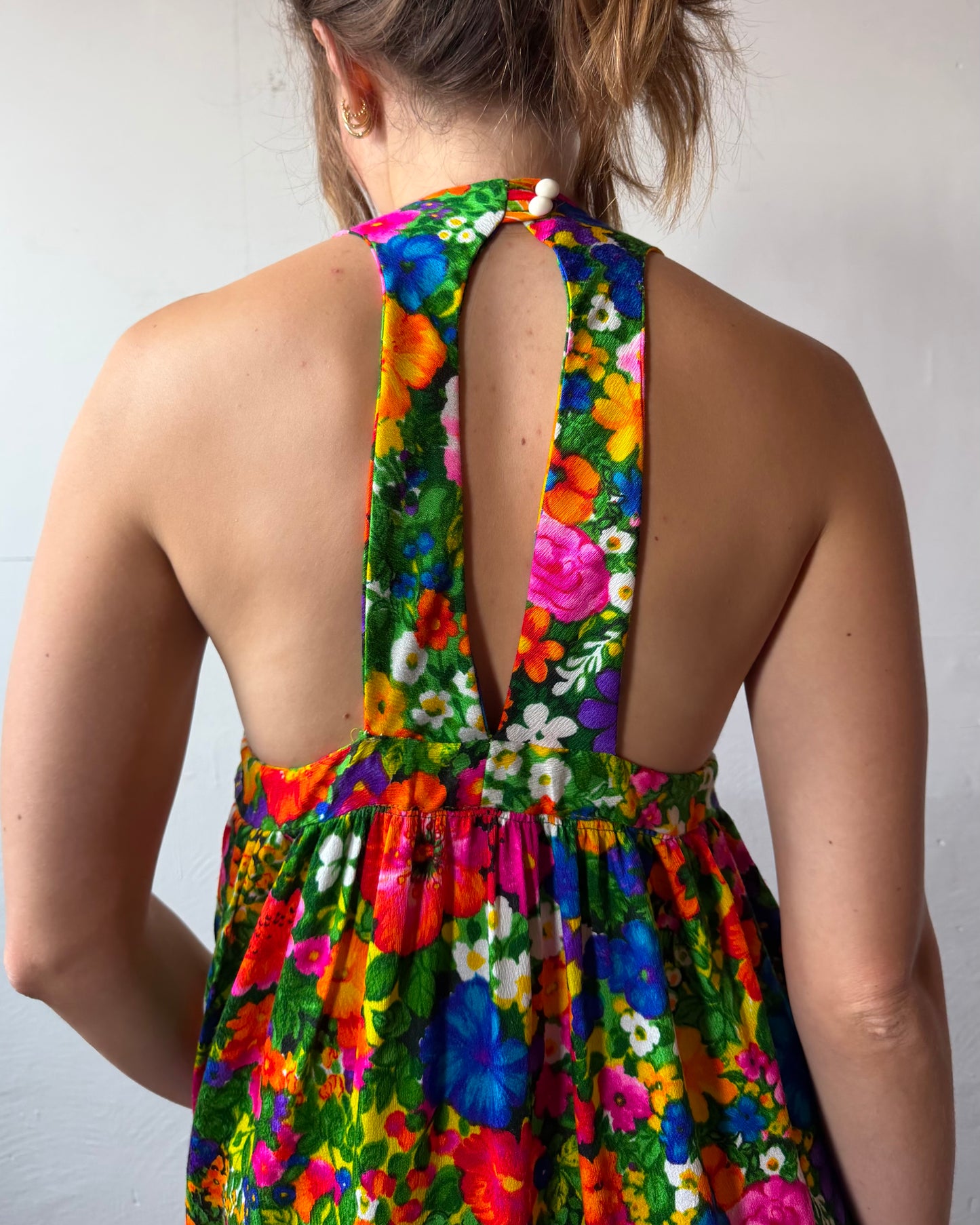 70s Dayglo Barkcloth Backless Maxi Dress [XS/S]