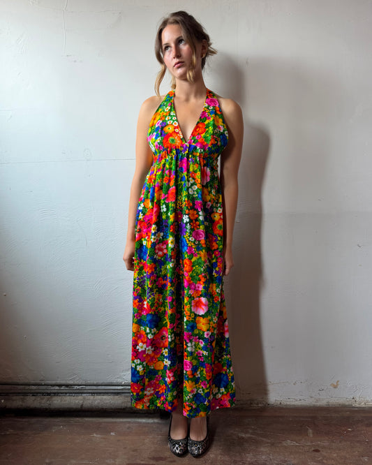 70s Dayglo Barkcloth Backless Maxi Dress [XS/S]