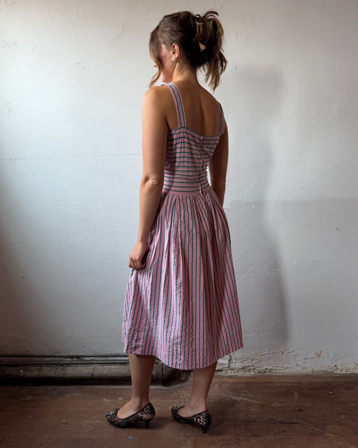 40s Candy Stripe Seersucker Dress + Bolero Set [S/M]