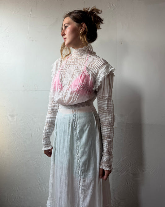 Edwardian Cotton Batiste Lace Insertion Dress [XS/S]