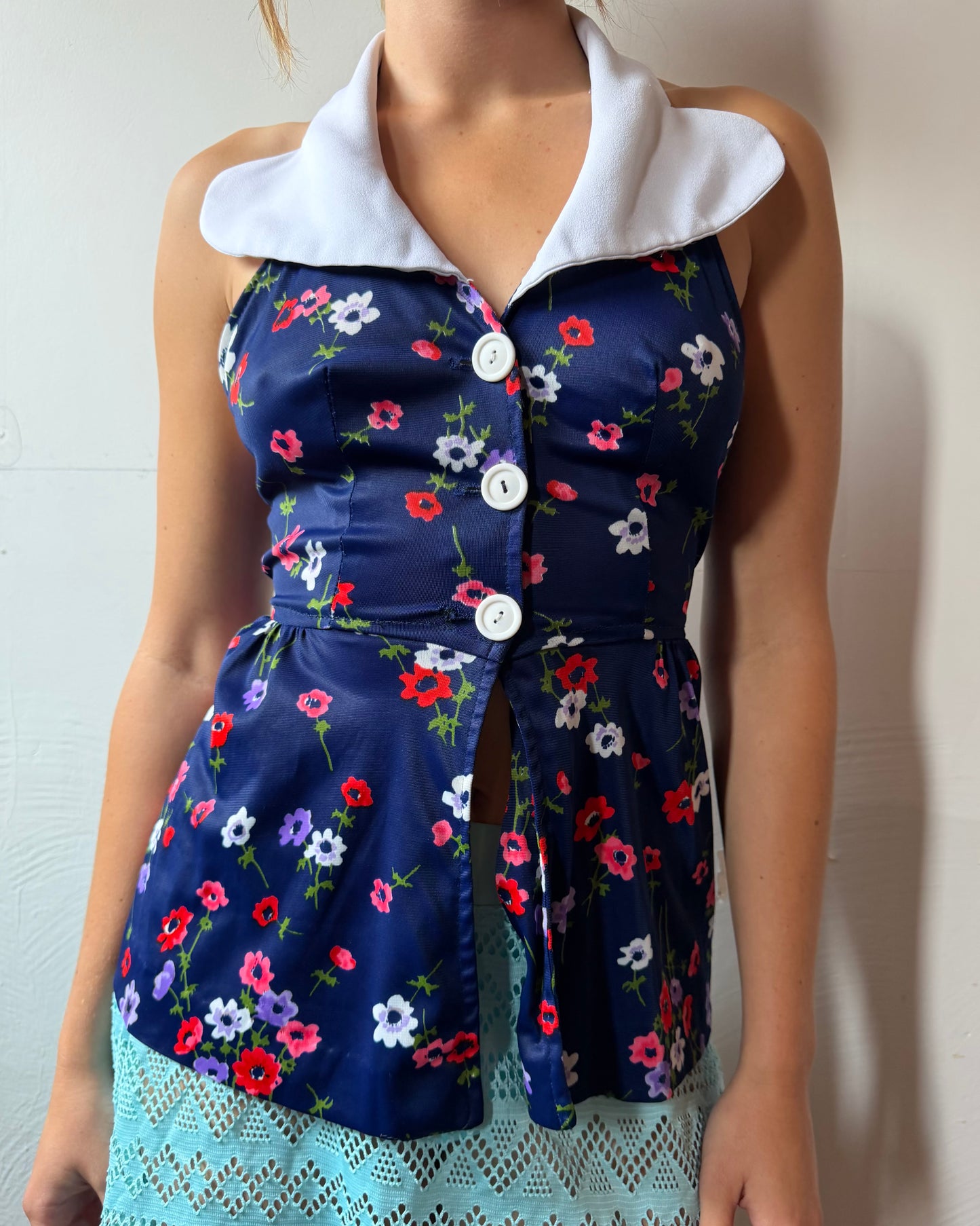 70s Collared Button Halter Top [S]