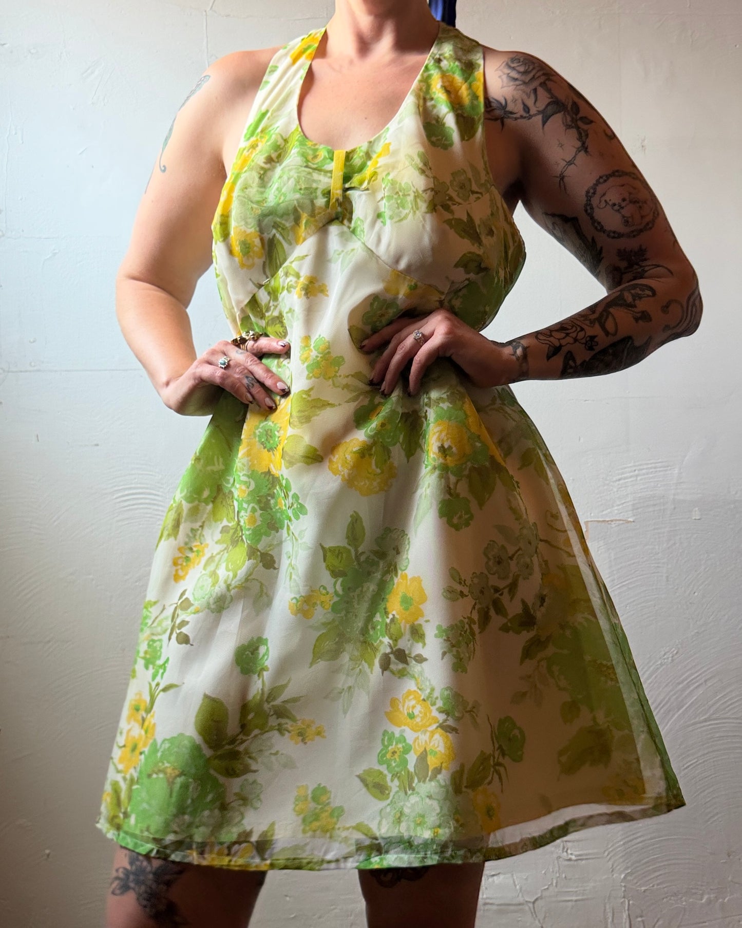 60s Floral Chiffon Open Back Mini Dress [L]