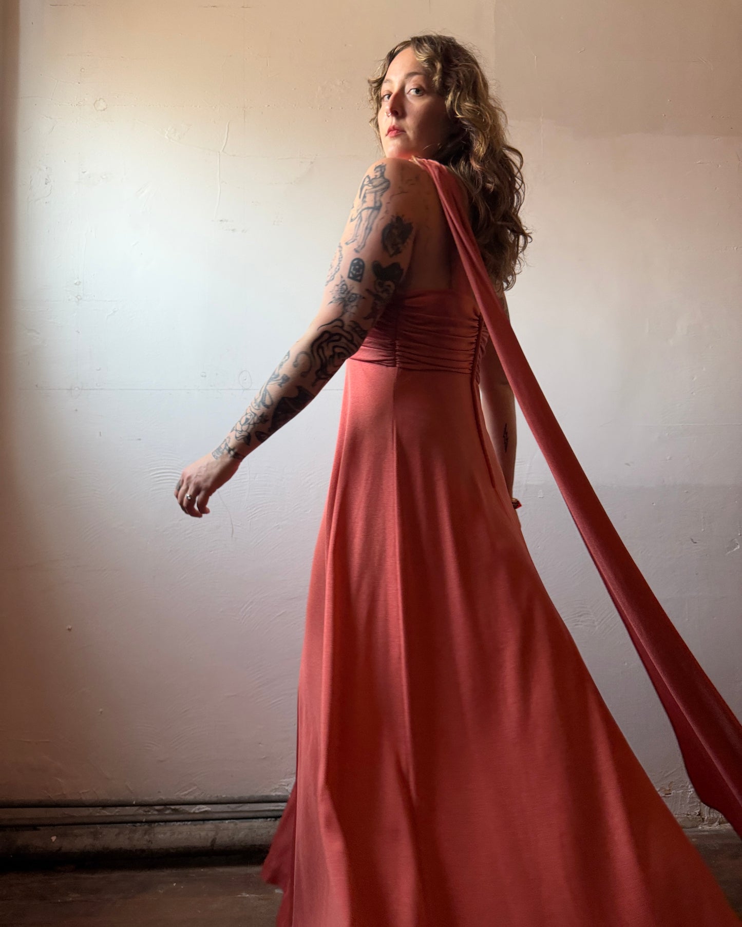 70s Donald Brooks Jersey Scarf One Shoulder Disco Gown [M/L]
