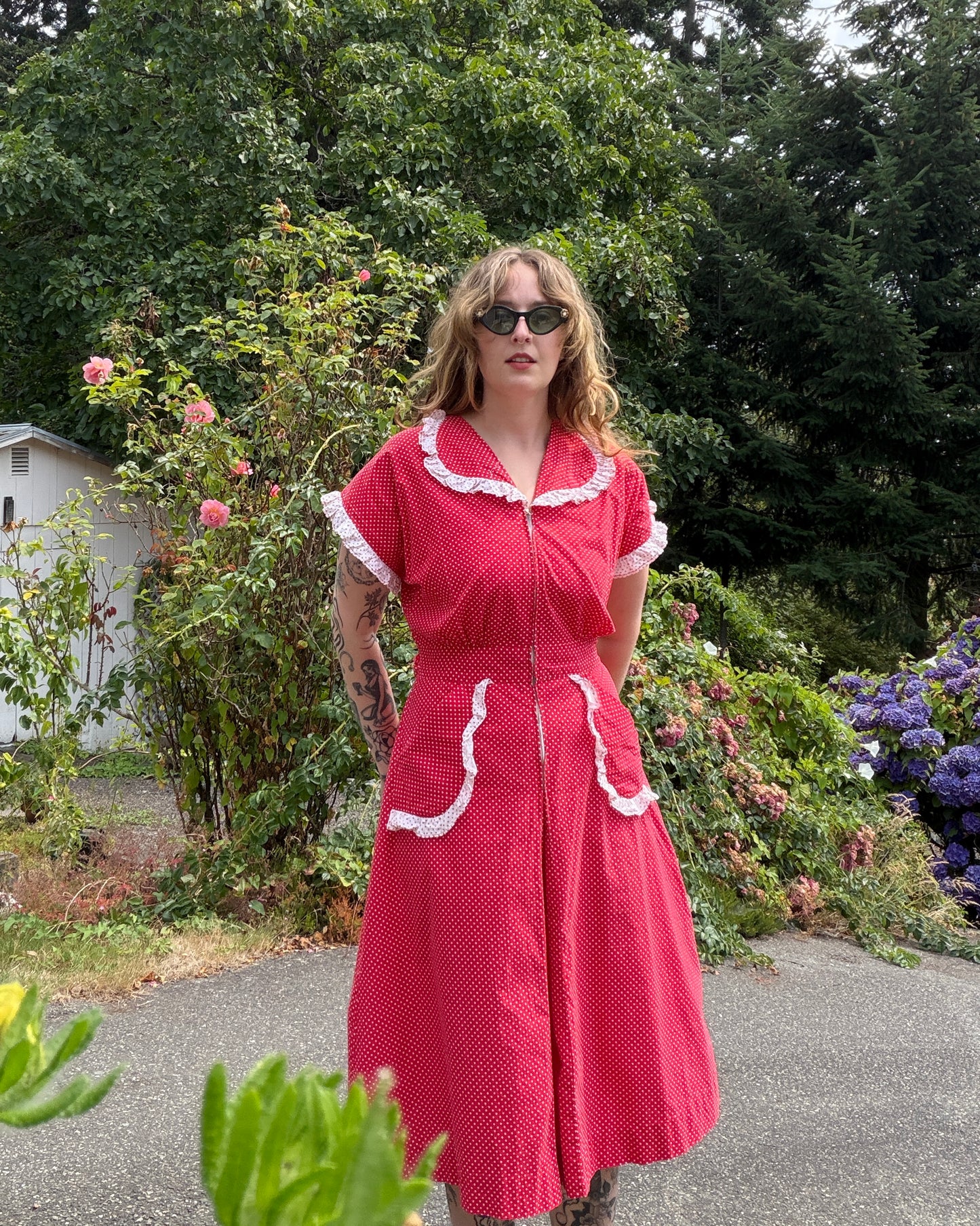 40s Red Polka Dot Cotton Dress [M/L]