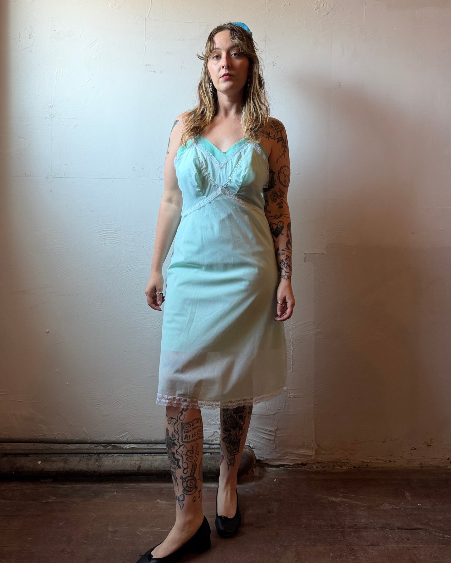 60s Mint Embroidered Slip Dress [M/L]