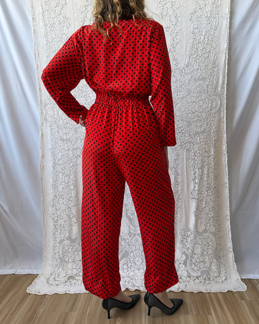 80s Black + Red Polka Dot Jumpsuit [M]