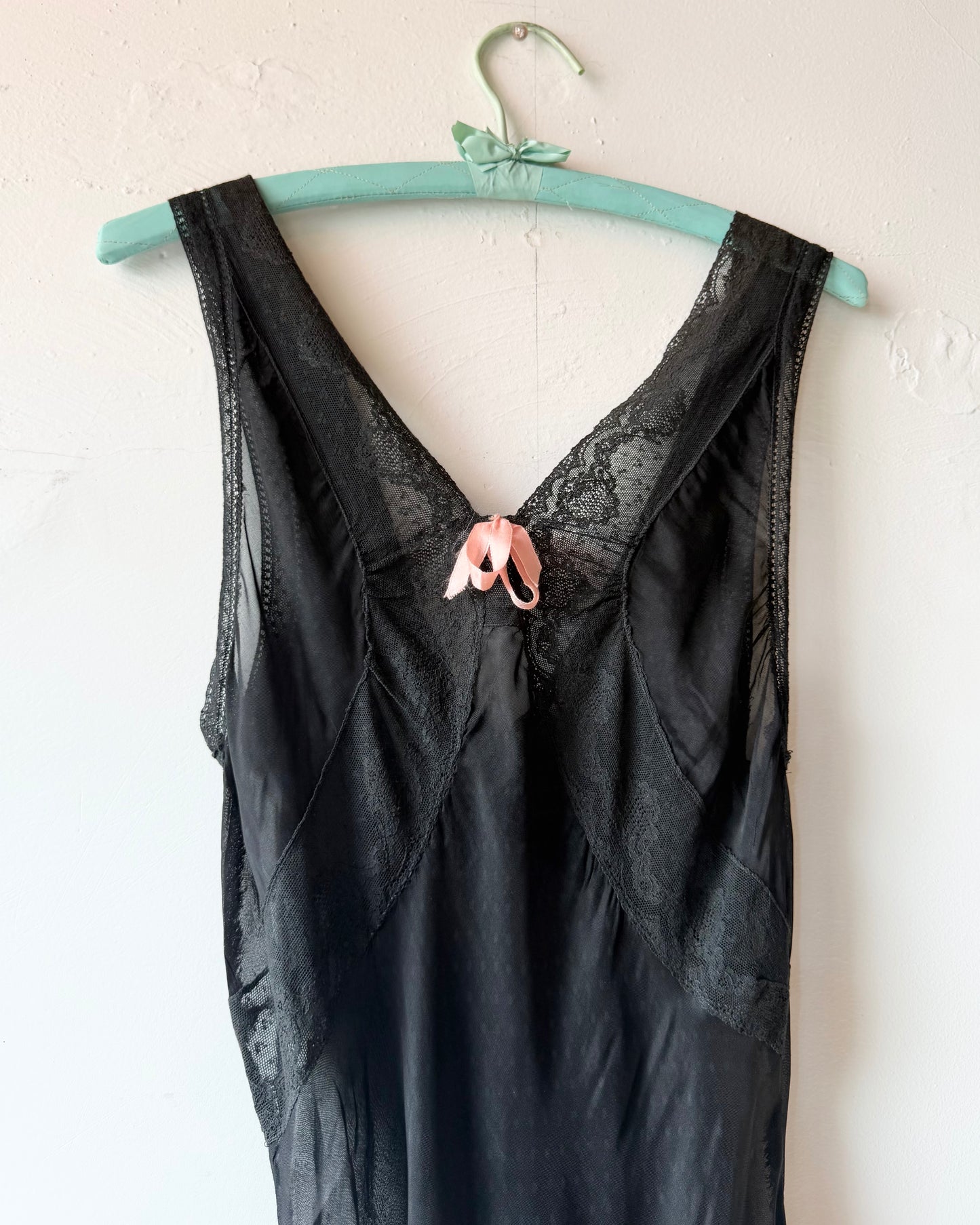 40s Dotted Black Sheer Chiffon Lace Slip Dress [XS-M]