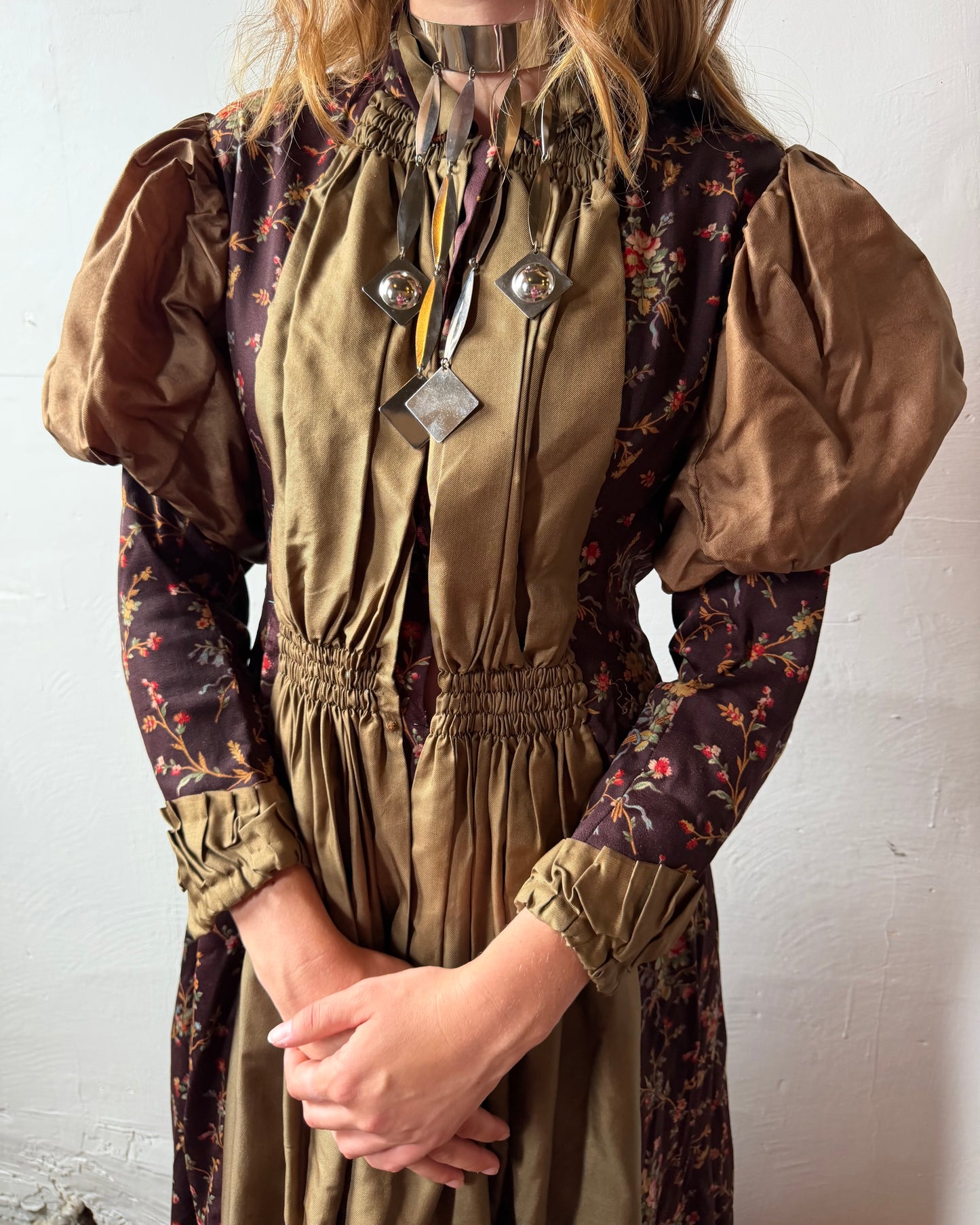 Victorian Silk Gigot Sleeve Floral Wool Dress [S]