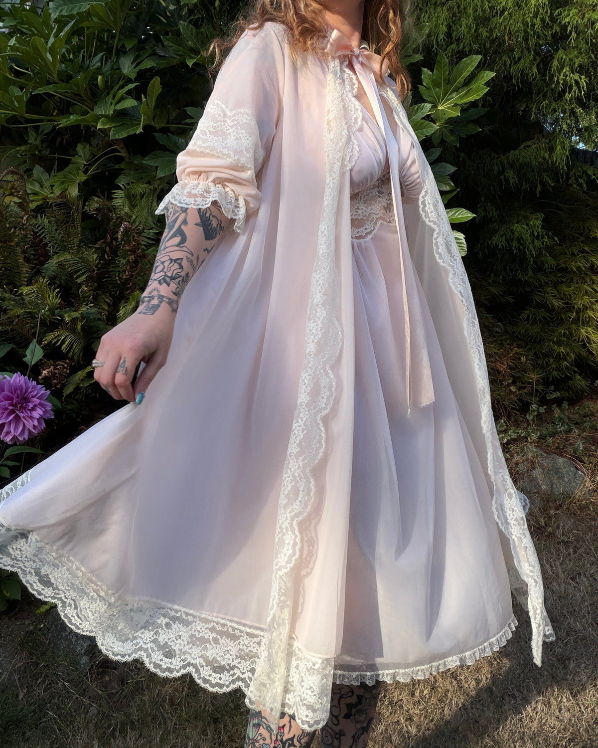 60s Lady Leonora Pink Lace Peignoir Set [S/M]