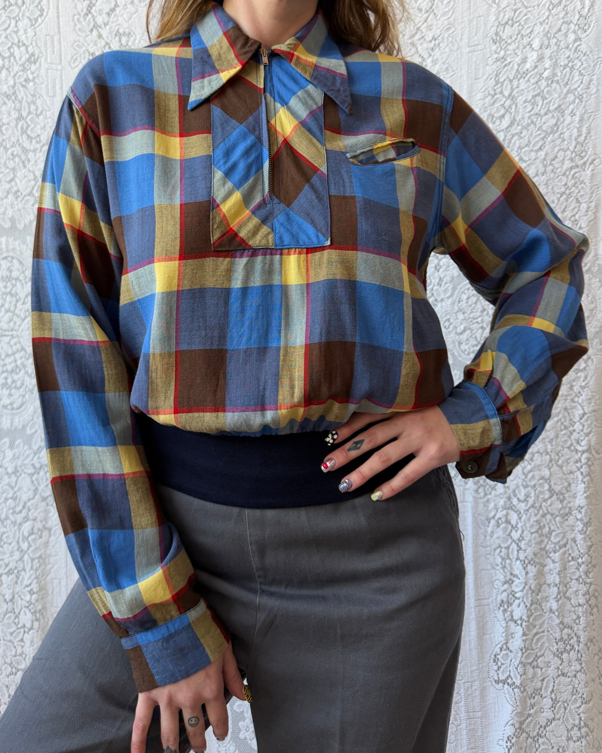 50s Pilgrim Plaid Rayon Gaucho Shirt [M]