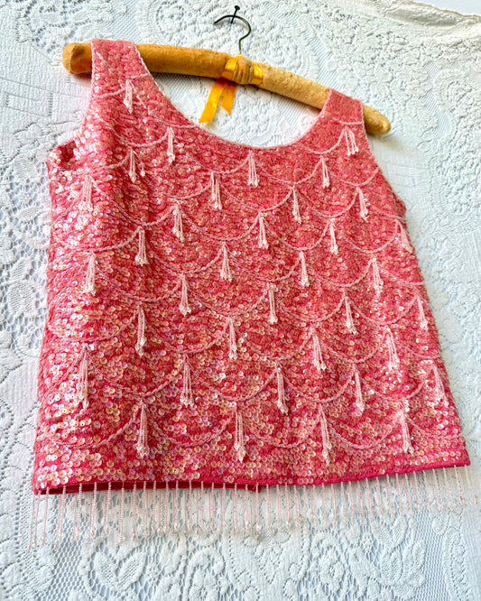 60s Coral Beaded Fringe Sequin Top [M]