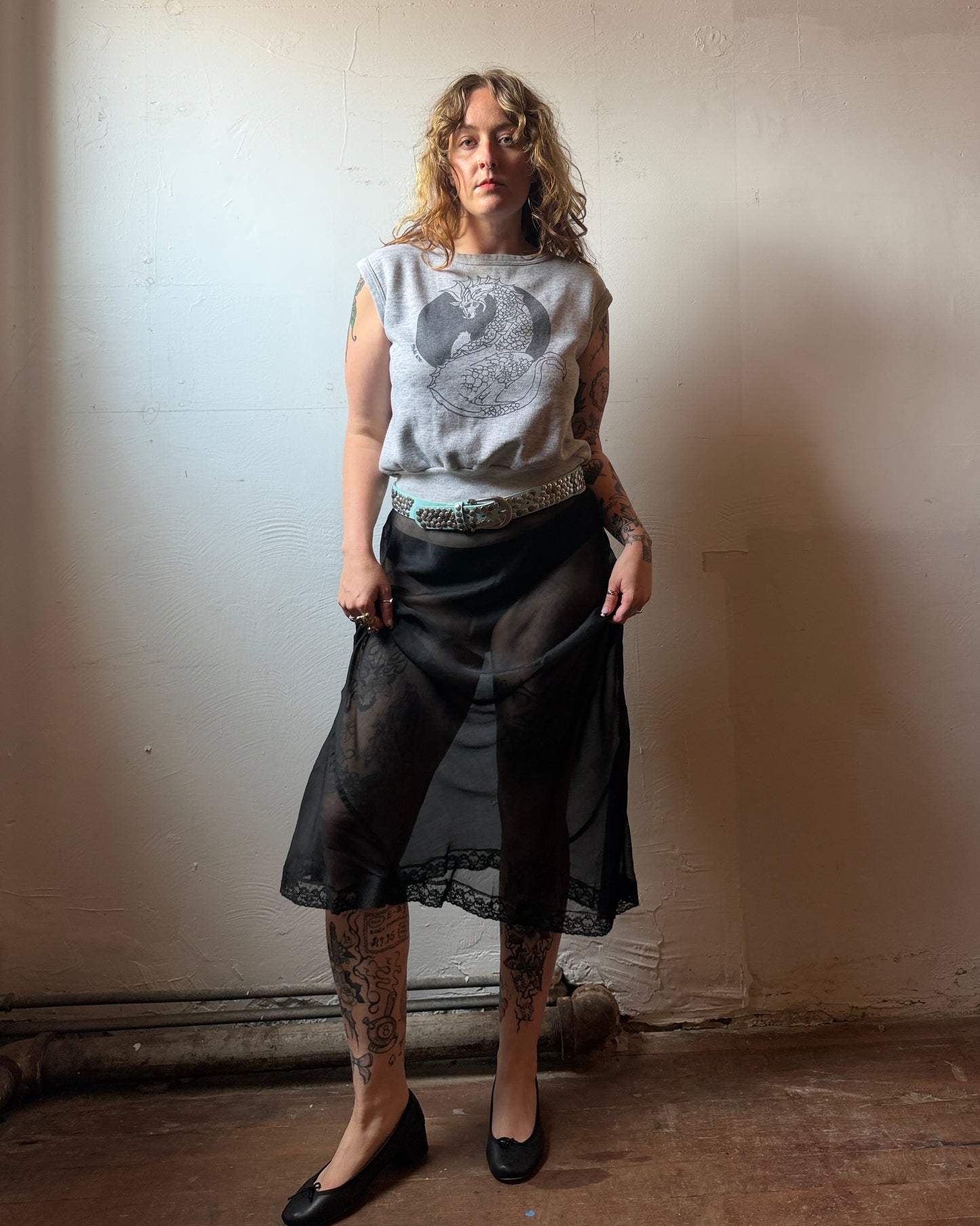 80s Dragon Art Sleeveless Sweatshirt [L]