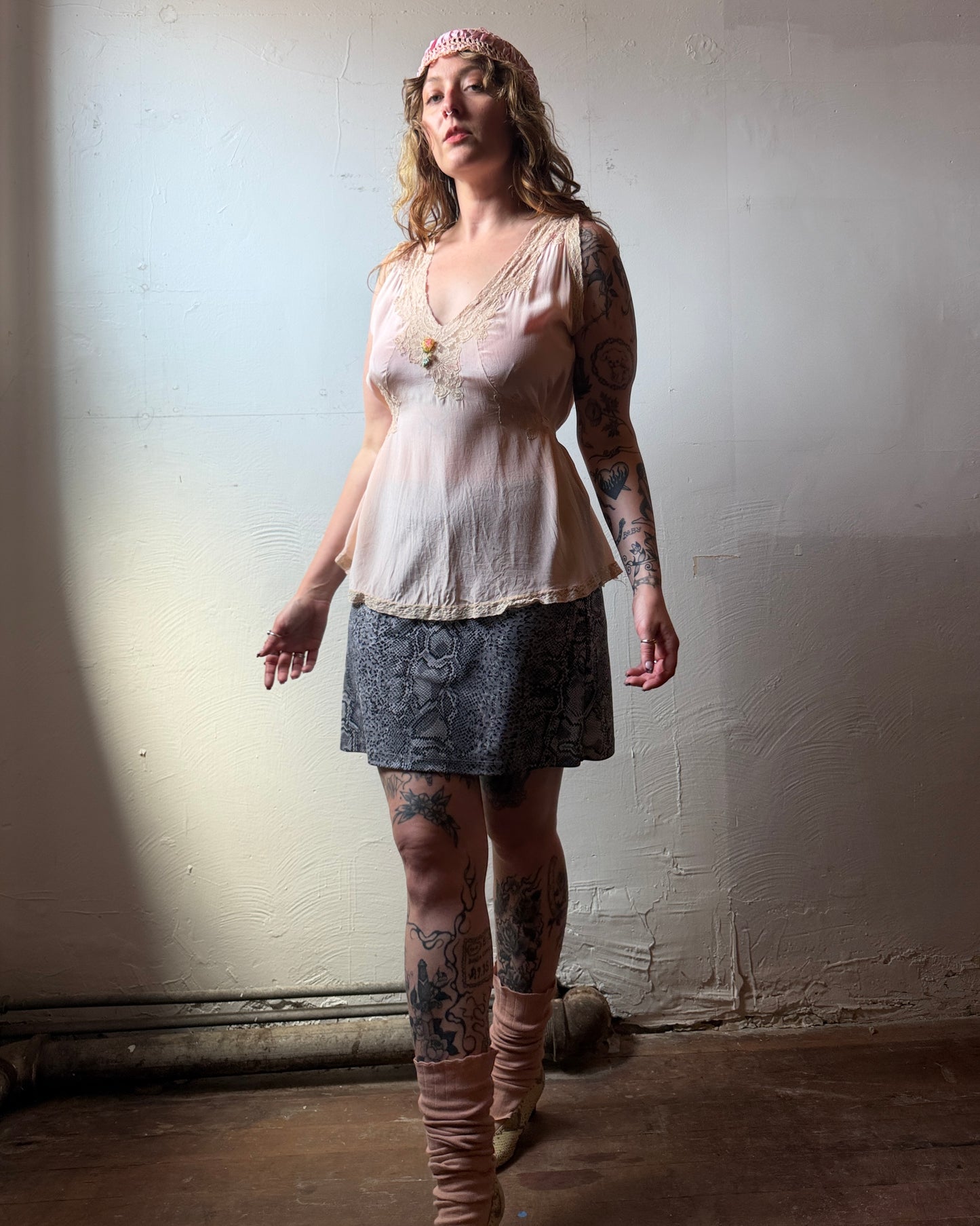 30s Silk Lace Boudoir Blouse [L]