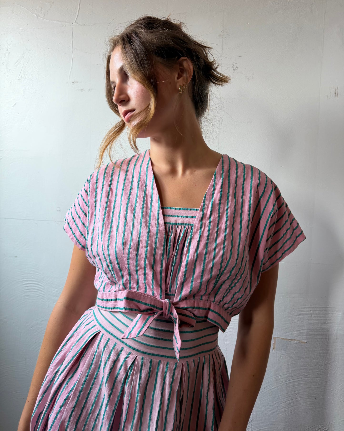 40s Candy Stripe Seersucker Dress + Bolero Set [S/M]