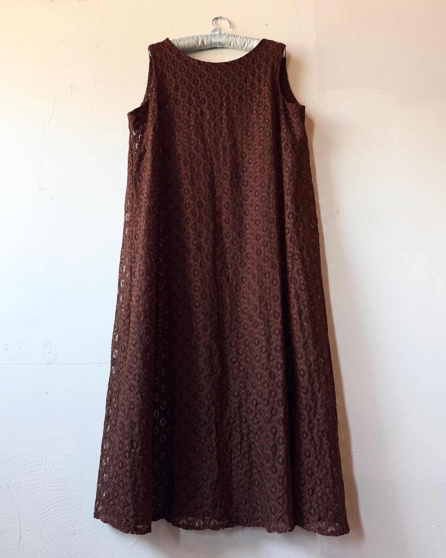 70s Brown Openwork Sheer Lace Maxi Dress [L]
