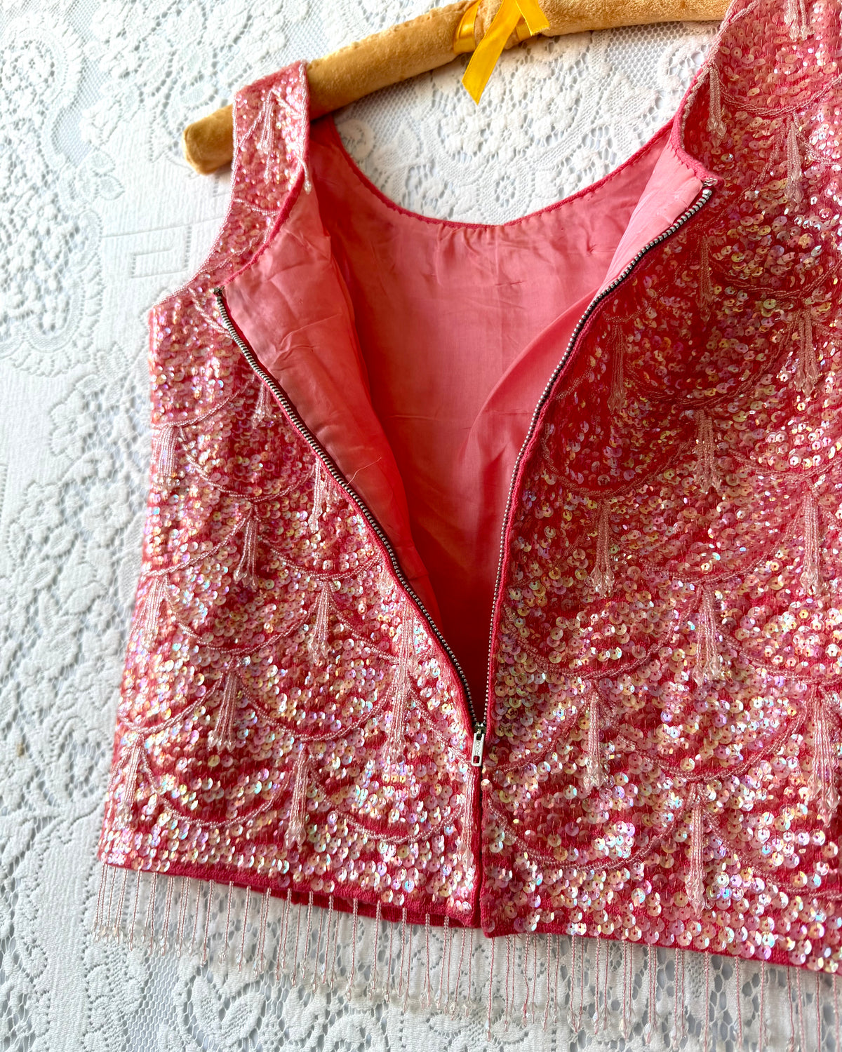 60s Coral Beaded Fringe Sequin Top [M]