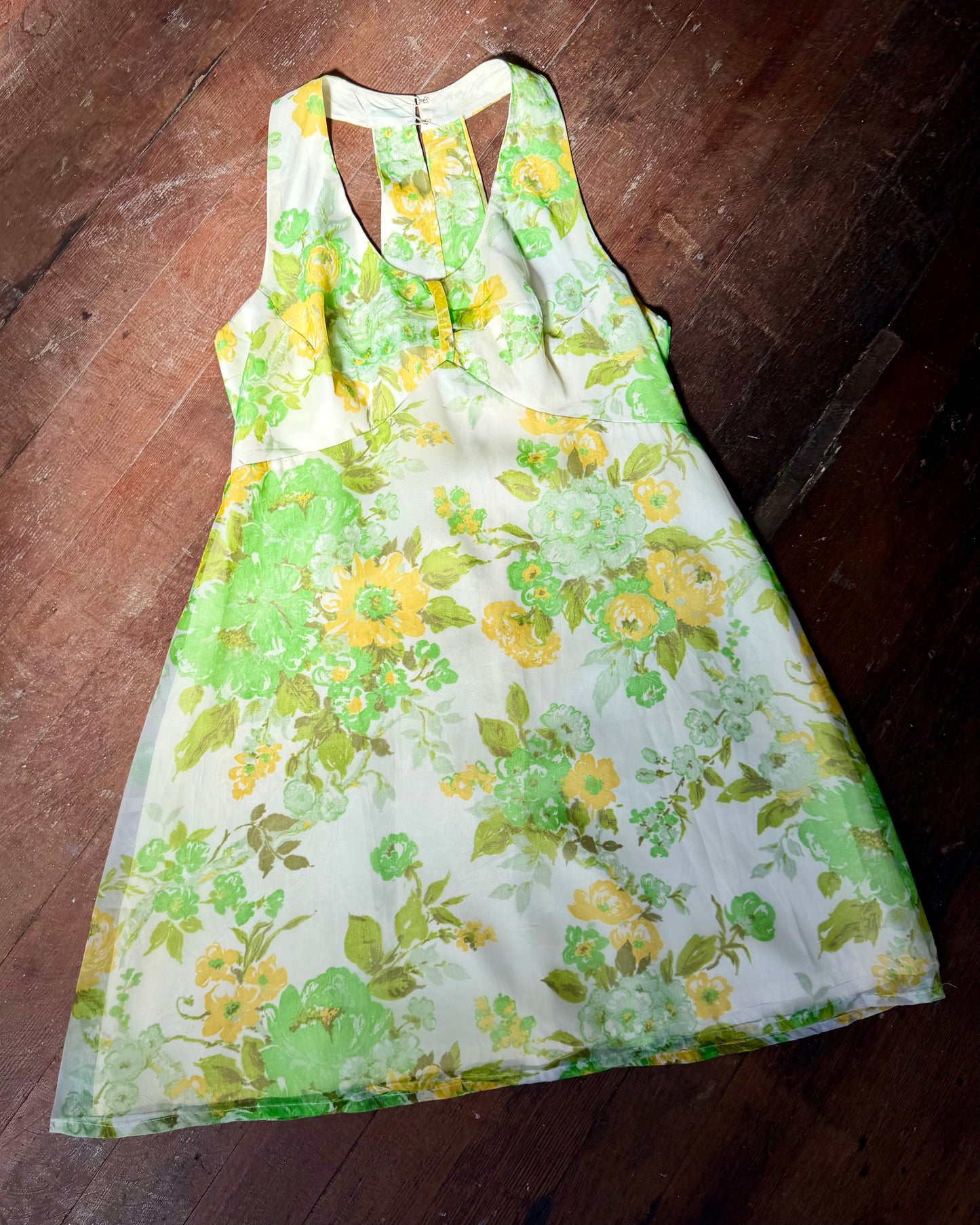 60s Floral Chiffon Open Back Mini Dress [L]