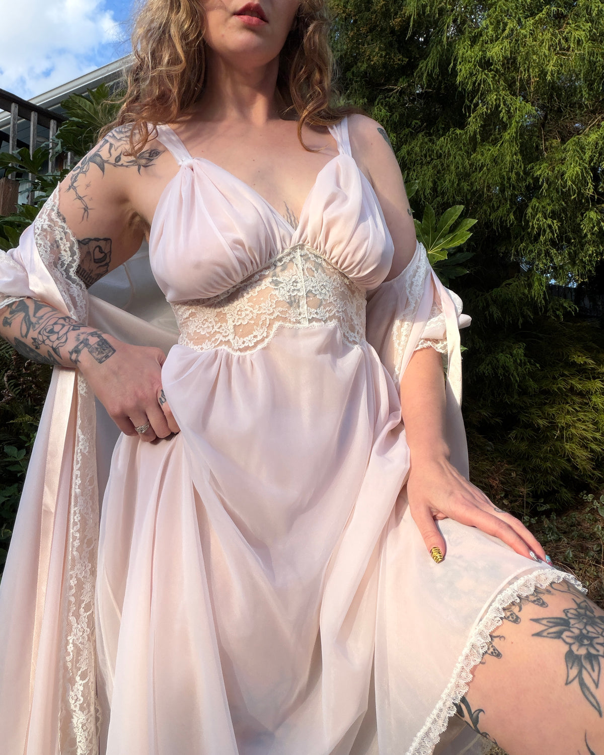 60s Lady Leonora Pink Lace Peignoir Set [S/M]