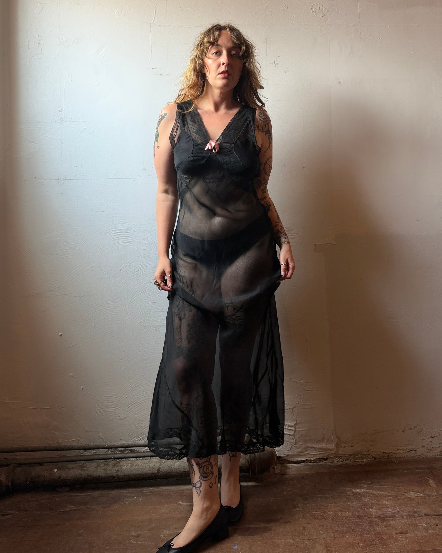 40s Dotted Black Sheer Chiffon Lace Slip Dress [XS-M]