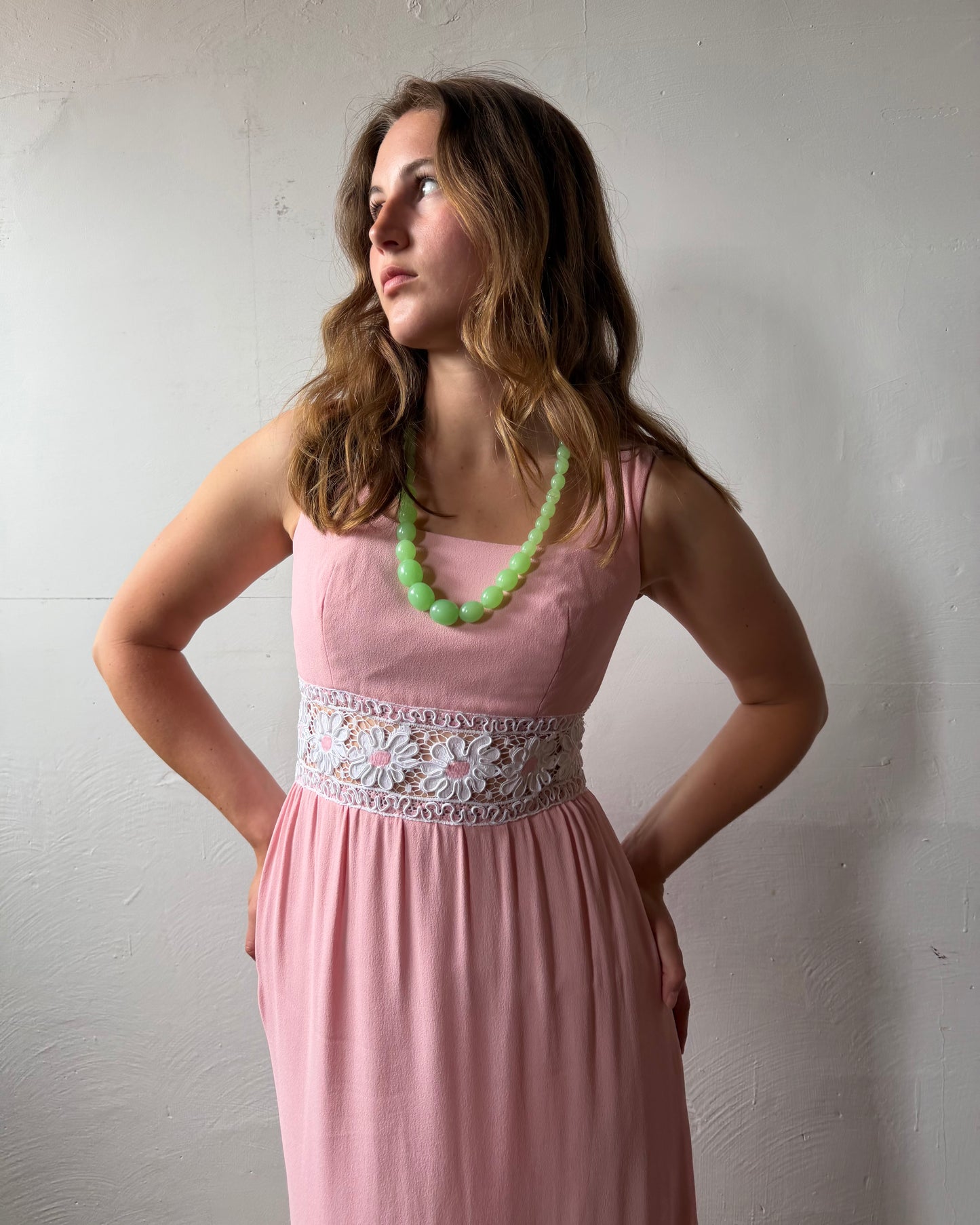 80s does 60s Pink Crepe Floral Cutout Maxi Dress [XS/S]