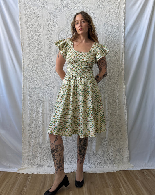 70s Flutter Sleeve Flower Print Dress [M]