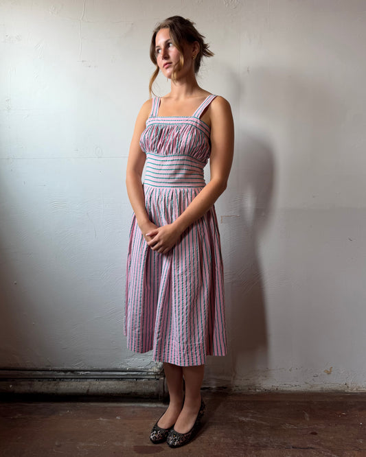 40s Candy Stripe Seersucker Dress + Bolero Set [S/M]